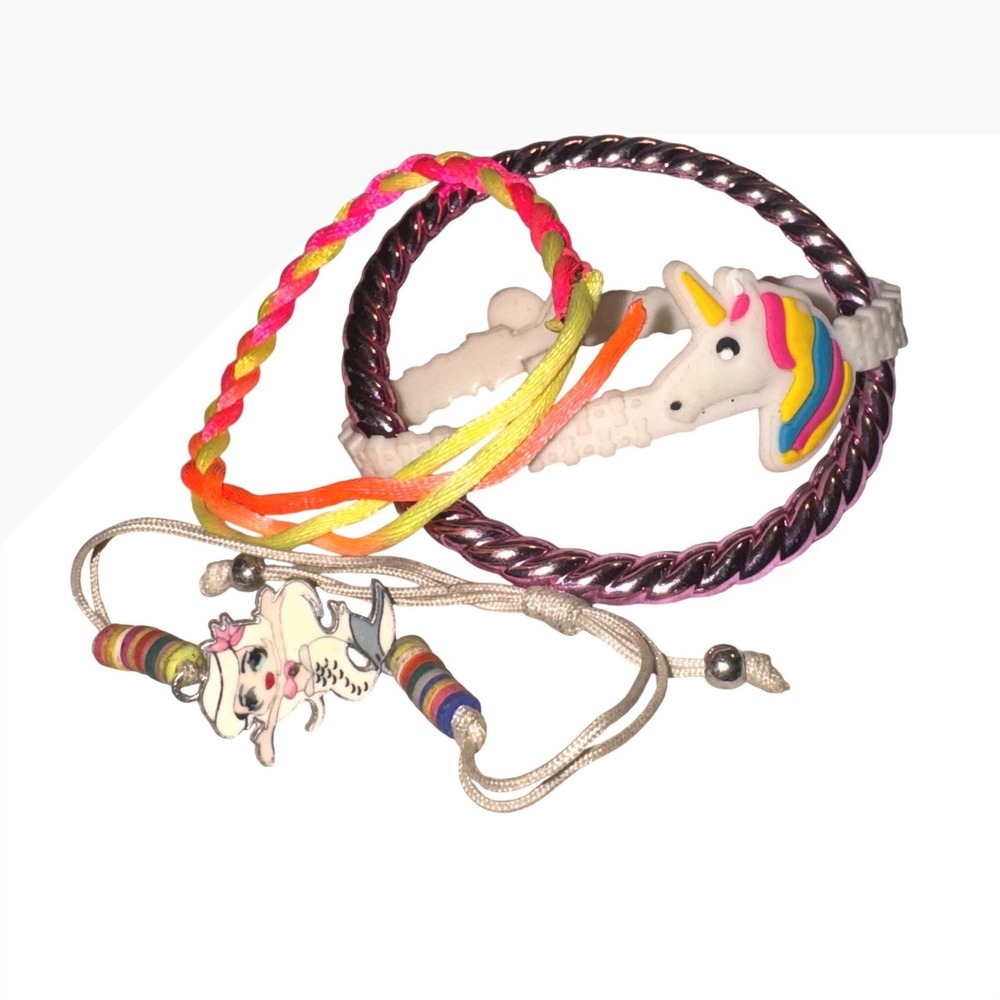Whimsical Unicorn Mermaid Bracelet Set Pink‎ Metallic Neon Braided 4pc Accessory